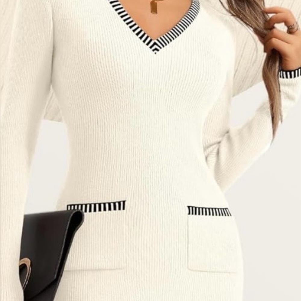 Chic Cream Long Sleeve Dress with Black Trim